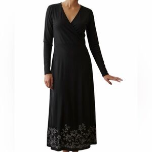 Eddie Bauer Navy Blue Surplice Maxi Dress with Print Floral Border XL Long